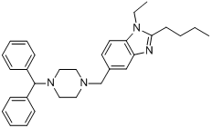 布替利嗪;2-丁基-5-[[4-(二苯甲基)哌嗪-1-基]甲基]-1-乙基苯并咪唑分子式结构图