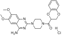 盐酸多沙唑嗪;1-(4-氨基-6,7-二甲氧基-2-喹唑啉基)-4-(1,4-苯并二恶烷-2-甲酰基)哌嗪盐酸盐分子式结构图