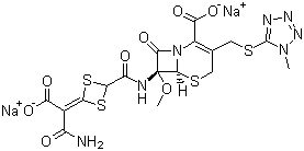 头孢替坦二钠;(7R)-7-[[4-(氨基甲酰基-羧基-亚甲基)-1,3-二硫杂环丁烷-2-甲酰基]氨基]-7-甲氧基-3-[(1-甲基分子式结构图