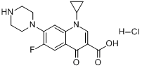 环丙沙星盐酸盐;环丙氟哌酸盐酸盐;1-环丙基-6-氟-1,4-二氢-4-氧代-7(1-哌嗪基)-3-喹啉羧酸盐酸盐分子式结构图