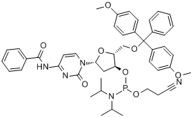 5'-O-(4,4'-二甲氧基三苯基)-N4-苯甲酰基-2'-脱氧胞苷-3'-(2-氰乙基-N,N-二异丙基)亚磷酰胺;5'-O-(4,4'-二?分子式结构图