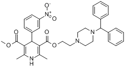 马尼地平;(-)-2,6-二甲基-4-(3-硝基苯基)-1,4-二氢吡啶-3,5-二甲酸2-(4-二苯甲基-1-哌嗪基)-乙基甲基酯分子式结构图