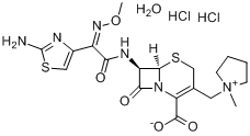 头孢吡肟盐酸盐;盐酸头孢吡肟;(6R,7R)-7-[(Z)-2-(2-氨基-4-噻唑基)-2-甲氧亚胺]乙酰胺基-3-[1-(1-甲基吡咯?分子式结构图