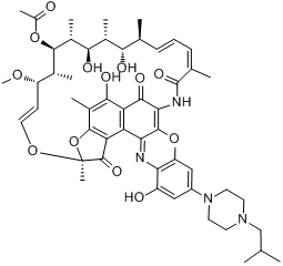 利福拉齐;3'-羟基-5'-(4-异丁基-1-哌嗪)苯噁嗪利福霉素分子式结构图