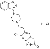 盐酸齐拉西酮;5-(2-(4-(1,2-苯并异噻唑-3-基)-1-哌嗪基)乙基)-6-氯-1,3-二氢-2(1H)-吲哚-2-酮盐酸盐分子式结构图