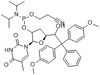 5'-(4,4'-二甲氧基三苯基)-3'-脱氧胸苷2'-(2-氰乙基-N,N-二异丙基)亚磷酰胺;5'-(4,4'-二甲氧基三苯基)-3'-?分子式结构图