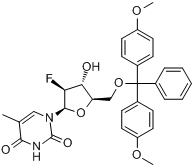 1-[5-O-[二(4-甲氧基苯基)苯甲基]-2-脱氧-2-氟-beta-D-阿拉伯呋喃糖基]-5-甲基-2,4(1H,3H)-嘧啶二酮分子式结构图