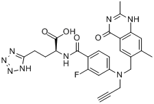 普来曲塞;(2S)-2-((4-(((2,7-二甲基-4-氧代-1,4-二氢喹唑啉-6-基)甲基)(丙-2-炔基)氨基)-2-氟苯甲酰)氨基)-分子式结构图