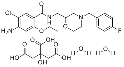 枸橼酸莫沙必利;4-氨基-5-氯-2-乙氧基-N-[[4-[(4-氟苯基)甲基]吗啉-2-基]甲基]苯甲酰胺柠檬酸盐二水物分子式结构图