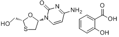 水杨酸拉米呋啶;(2R-顺式)-4-氨基-1-(2-羟甲基-1,3-氧硫杂环戊烷-5-基)-1H-嘧啶-2-酮2-羟基苯甲酸酯分子式结构图