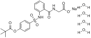 西维来司钠;N-[2-[[[4-(2,2-二甲基-1-氧代丙氧基)苯基]磺酰]氨基]苯甲酰]-(S)-甘氨酸单钠盐四水合物分子式结构图