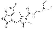 N-(2-二乙胺基乙基)-5-(5-氟-2-氧代-1,2-二氢吲哚-3-基亚甲基)-2,4-二甲基-1H-吡咯-3-甲酰胺分子式结构图