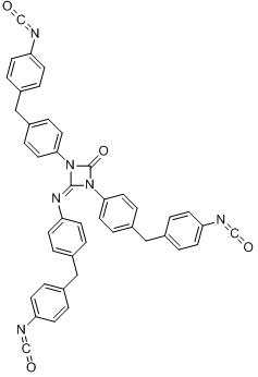 1,3-双[4-[(4-异氰酸根合苯基)甲基]苯基]-4-[[4-[(4-异氰酸根合苯基)甲基]苯基]亚氨基]-1,3-二氮杂环丁烷-2分子式结构图