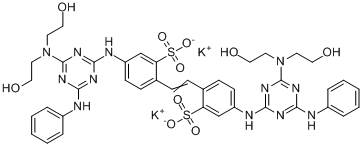 2,2'-(1,2-亚乙基)双[5-[4-[双(2-羟乙基)氨基]-6-(苯氨基)-1,3,5-三嗪-2-基]氨基]苯磺酸二钾盐分子式结构图