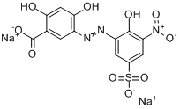 2,4-二羟基-5-[(2-羟基-3-硝基-5-磺苯基)偶氮]苯甲酸二钠盐分子式结构图