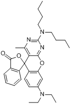 2-(二丁氨基)-8-(二乙氨基)-4-甲基-螺[5H-(1)苯并吡喃并[2,3-D]嘧啶-5,1'(3'H)-异苯并呋喃]-3'-酮分子式结构图