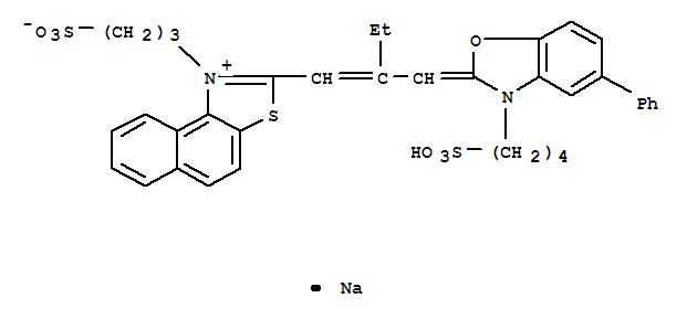 2-[2-[[5-苯基-3-(4-磺酸丁基)-2(3H)-苯并恶唑亚基]甲基]-1-丁烯基]-1-(3-磺酸丙基)-萘并[1,2-D]噻唑翁内盐分子式结构图