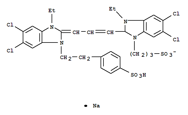 3-[5,6-二氯-2-[3-[5,6-二氯-1-乙基-3-(4-磺酸根苯乙基)苯并咪唑啉-2-亚基]-1-丙烯基]-1-乙基-3-苯并咪唑啉分子式结构图