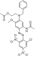 N-[5-[[2-(乙酰氧基)乙基](苯甲基)氨基]-2-[(2-氯-4,6-二硝基苯基)偶氮]-4-甲氧基苯基]乙酰胺分子式结构图