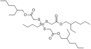 4-丁基-10-乙基-4-[[2-[(2-乙基己基)氧]-2-氧乙基]硫基]-7-氧-8-氧杂-3,5-二硫杂-4-十四烷锡酸-2-乙基己酯分子式结构图