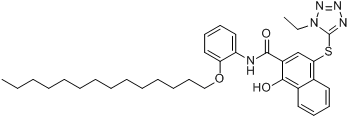 4-[(1-乙基-1H-四唑-5-基)硫代]-1-羟基-N-[2-(十四烷基氧)苯基]-2-萘甲酰胺分子式结构图