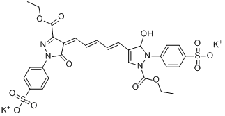 4-[2-乙氧基羰基-5-羟基-4-[5-[3-乙氧羰基-5-氧代-1-(4-磺酸根苯基)-2-吡唑啉-4-亚基]-1,3-戊二烯基]-1-吡?分子式结构图