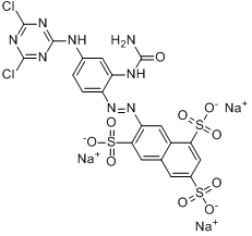 7-[[2-[(氨基羰基)氨基]-4-[(4,6-二氯-1,3,5-三嗪-2-基)氨基]苯基]偶氮]-1,3,6-萘三磺酸三钠盐分子式结构图