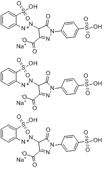 4,5-二氢-5-氧代-1-(4-磺基苯基)-4-[(2-磺基苯基)偶氮]-1H-吡唑-3-甲酸三钠盐分子式结构图