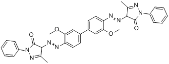 4,4'-[(3,3'-二甲氧基[1,1'-联二苯]-4,4'-二基)双(偶氮)]双[2,4-二氢-5-甲基-2-苯基-3H-吡唑-3-酮];颜料红4分子式结构图