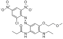 N-[2-[(2-氯-4,6-二硝苯基)偶氮]-5-(乙氨基)-4-(2-甲氧基乙氧基)苯基]丙酰胺;C.I.分散蓝333分子式结构图