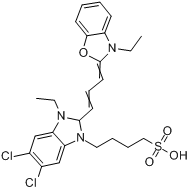 5,6-二氯-1-乙基-2-[3-[3-乙基-2(3H)-苯并恶唑亚基]-1-亚丙烯]-3-(4-磺丁基)苯并咪唑内翁盐分子式结构图