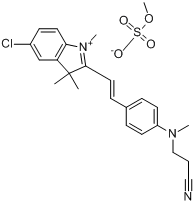 5-氯-2-[2-[4-[(2-氰乙基)甲氨基]苯基]乙烯基]-1,3,3-三甲基-3H-吲哚翁硫酸甲酯盐分子式结构图