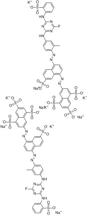 7-[[4-[[4-[[4-氟-6-[(2-磺苯基)氨基]-1,3,5-三嗪-2-基]氨基]-2-甲基苯基]偶氮]-7-磺基-1-萘基]偶氮]-1,3,5分子式结构图