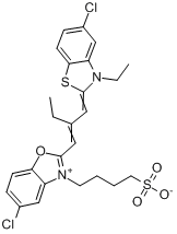 5-氯-2-[2-[(5-氯-3-乙基-2(3H)-苯并噻唑亚基)亚甲基]-1-丁烯基]-3-(4-磺丁基)苯并恶唑内翁盐分子式结构图