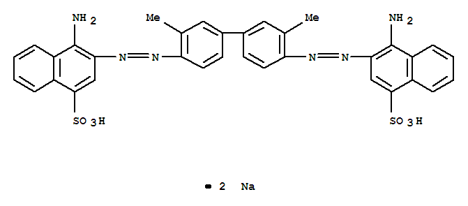 苯红紫4B;苯紫4B;3,3'-[[3,3'-二甲基(1,1'-联苯)-4,4'-二基]双(偶氮)]双(4-氨基-1-萘磺酸)二钠盐分子式结构图