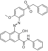 颜料红258;3-羟基-4-[[2-甲氧基-5-[(苯基甲基)磺酰基]苯基]偶氮]-N-苯基-2-萘甲酰胺分子式结构图