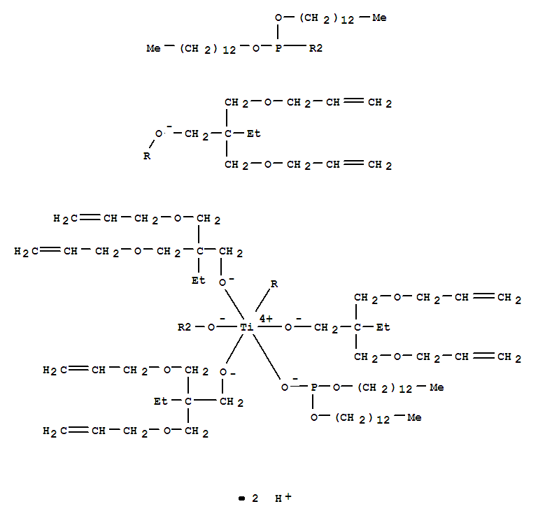 四[2,2-双[(2-丙烯基氧)甲基]-1-丁醇酸根合-O']双(双十三烷基亚磷酸根合钛酸酯二氢;四(2,2-二烯丙基氧甲基-分子式结构图