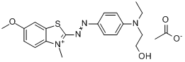 乙酸2-[[4-[乙基(2-羟乙基)氨基]苯基]偶氮]-6-甲氧基-3-甲基-苯并噻唑鎓盐分子式结构图