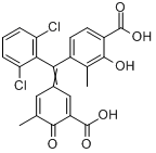 媒介蓝1;漂兰B;4-[(3-羧基-5-甲基-4-氧代-2,5-环己二烯-1-亚基)(2,6-二氯苯基)甲基]-2-羟基-3-甲基苯甲酸分子式结构图