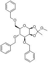 3,4,6-三-O-苄基-beta-D-吡喃甘露糖-1,2-(甲基原乙酸酯)分子式结构图