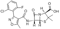 氟氯西林;(2S,5R,6R)-6-[[3-(2-氯-6-氟苯基)-5-甲基-1,2-恶唑-4-甲酰]氨基]-3,3-二甲基-7-氧代-4-硫杂-1-氮分子式结构图