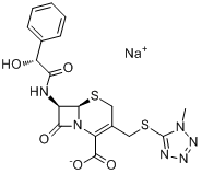 头孢孟多钠;头孢孟多酯钠;(6R,7R)-3-[[(1-甲基-1H-四唑-5-基)硫]甲基]-7-[(R)-2-羟基-2-苯乙酰氨基]-8-氧代分子式结构图