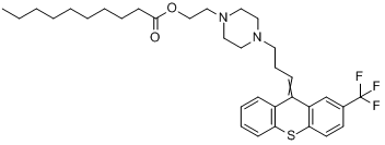 癸酸氟哌噻吨;氟哌噻吨癸酸酯;2-[4-[3-[2-(三氟甲基)-9H-硫杂蒽-9-亚基]丙基]-1-哌嗪基]乙基癸酸酯分子式结构图