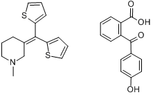 海苯酸替培啶;双噻甲哌啶2-(4-羟基苯甲酰)苯甲酸盐;3-[二(噻吩-2-基)亚甲基]-1-甲基哌啶2-(4-羟基苯甲酰)苯分子式结构图