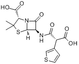 替卡西林;(2S,5R,6R)-3,3-二甲基-6-[2-羧基-2-(2-噻吩基)乙酰氨基]-7-氧代-4-硫杂-1-氮杂双环[3.2.0]庚烷-2分子式结构图