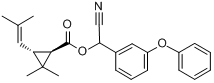 苯氰菊酯;右旋苯醚氰菊酯;右旋-顺反式-2,2-二甲基-3-(2-甲基-1-丙烯基)环丙烷羧酸-(+/-)-2-氰基-3-苯氧基苄分子式结构图
