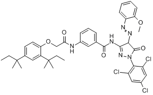 1-(2,4,6-三氯苯基)-3-[3-(2,4-二特戊基苯氧基)乙酰胺基]苯甲酰胺基-4-对甲氧基苯基偶氮-5-吡唑酮分子式结构图