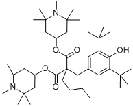 [[3,5-二叔丁基-4-羟基苯基]甲基]丁基丙二酸二(1,2,2,6,6-五甲基-4-哌啶基)酯分子式结构图