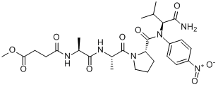 N-甲氧基琥珀酰-丙酰氨-丙酰氨-脯酰氨-缬氨酸对硝基酰苯胺;N-甲氧基琥珀酰-丙酰氨-丙酰氨-脯酰氨-缬氨酸-4-分子式结构图