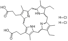 间卟啉盐酸盐;7,12-二乙基-3,8,13,17-四甲基-21H,23H-卟吩-2,18-二丙酸二盐酸盐分子式结构图